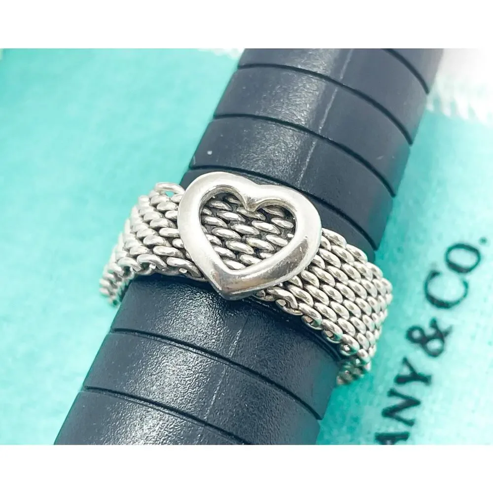 Tiffany & Co. Somerset Mesh Heart Ring Sterling Silver Size 8 w/ Pouch
